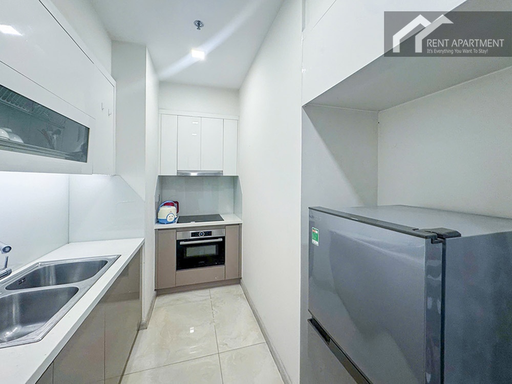ID 2268 modern enclosed kitchen with white cabinets double sink built-in oven and refrigerator